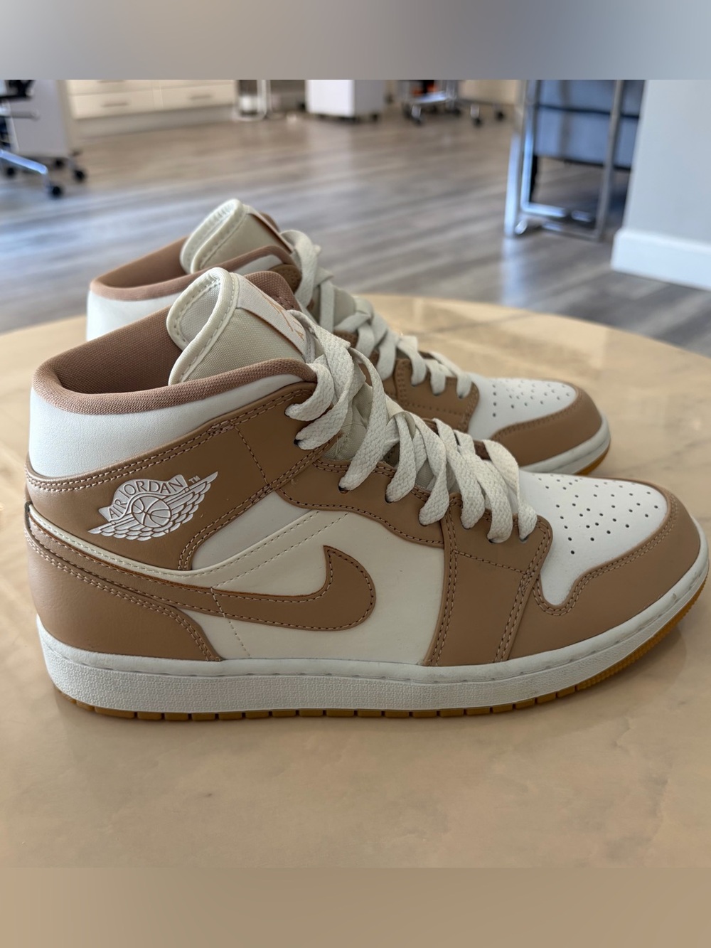 Nike Air Jordan 1 Mid White/Hemp Gum Yellow Sneakers.